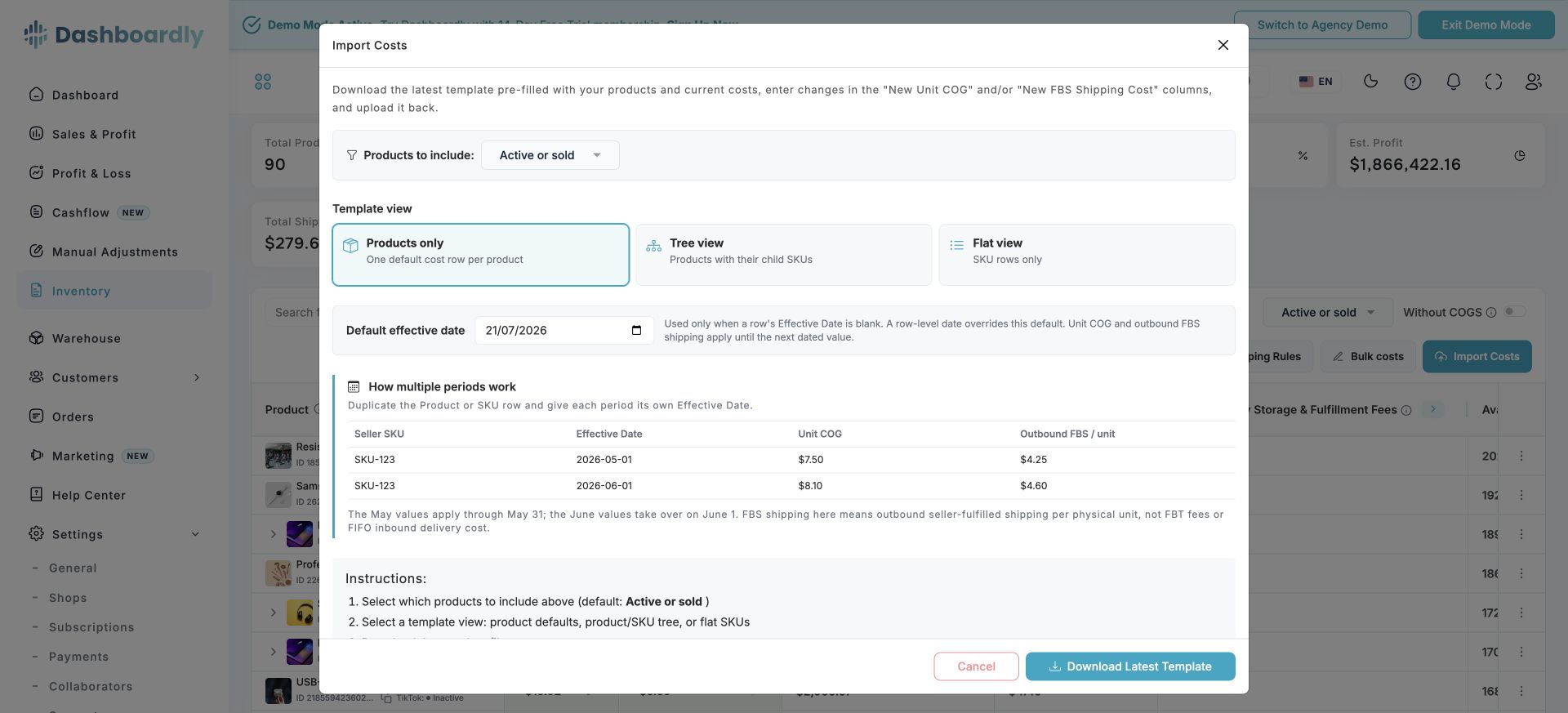Inventory cost template views